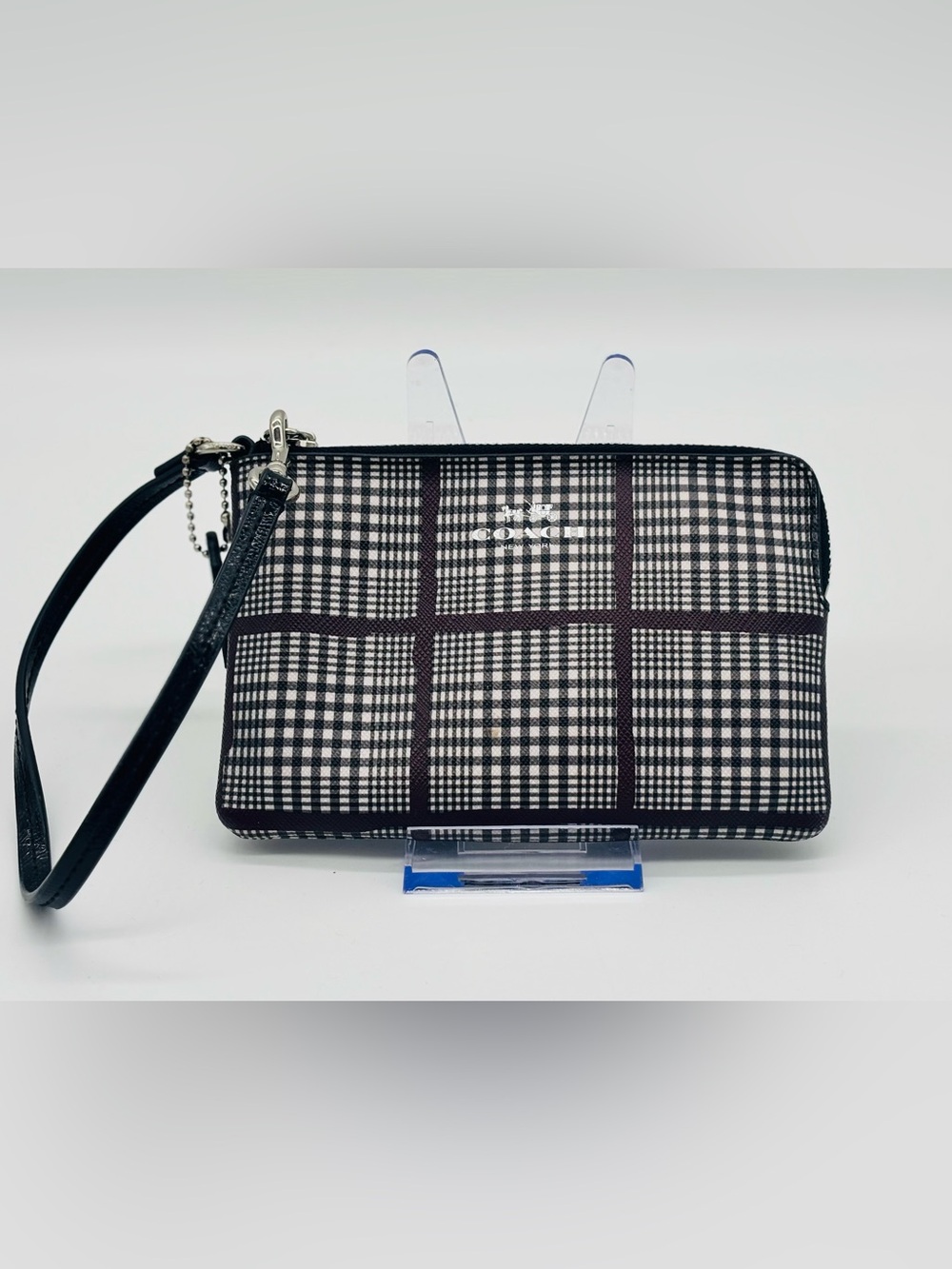 Coach Black, White, & Purple Plaid Zip Wristlet